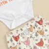 Set di abbigliamento Completi estivi per neonata Stampa di lettere Pagliaccetti a maniche corte Pantaloni svasati gallina Fascia per capelli Set di vestiti da 3 pezzi