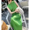 Miyake Pleated Women Dress 2024 Summer Sleeveless Long Classic Korean Fashion Casual Elegant Female Lce Water Blue Beach 240318