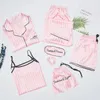 Strap Sweetwear pijama bayanlar 7 adet pembe pijamalar setler saten ipek iç çamaşırı ev kıyafeti pijamaları set pijamas kadın için240327