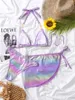 Women's Swimwear Sexy Purple Metallic Glitter Halter Bikinis Sets Three Pieces With Cover Skirt Thong Swimsuits Beachwear Bathing Suits