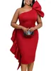 Robes décontractées Robe de soirée élégante Femmes Bois Oreille Bord Taille Haute Rouge Sans Manches Sexy Hors Épaule Midi Robe De Soirée Femme Grande Taille