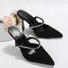 Slippers Summer 2024 Pointed Toe Stiletto Black Sexy Ladies Sandals Rhinestone Sequins Big Size Shoe Woman High Heel