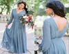 Bohemia V Neck Chiffon Long Bridesmaid Dresses Long Sleeves Ruched Floor Length Wedding Guest Maid of Honor Dresses BM02386728559