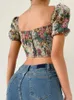 Women's T Shirts 2024 Fashion Vintage Sexy Floral Print Irregular Crop Top Women Short Sleeve Low Cut Slim Zip Up T-Shirt Club Party Retro