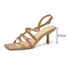 Scarpe eleganti Scarpe da donna in vera pelle di mucca Sandalo con tacco alto da donna 2024 Blu Beige Albicocca Peep Toe Square Cross Band Fibbia