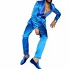 Formella blå chic mäns kostymer lyxiga fulla set sjal lapel elegant 2 bit jacka byxor prom party kostym homme eleganta kläder o1gg#