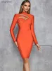 Urban Sexy Dresses Elegant Long Sleeve Bandage for Women Striped O Neck Hollow Out Bodycon Celebrity Evening Club Party Midi Dress yq240327