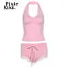 Kvinnors spårsättningar Pixiekiki Girly Y2K Pink 2 Piece Outfits For Womens Halter Top och Lace Trim Booty Shorts Summer Kawaii Clothes P71-BG13