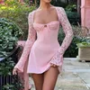 Casual Dresses Hirigin Womens Elegant Lace Patchwork Long Sleeve Mini Dress Y2k Square Neck High Waist Backless Tie Up Slim Fit A-line
