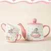 Tazze Piattini Ragazza Cartone Animato Teiera Set Tazze Da Caffè In Ceramica Rosa 2 E Pentola Per Un Amico Regalo Di Compleanno Pittura Premium Tè Artigianale