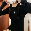 Женские футболки Корейская винтажная футболка Y2K Harajuku Grunge Star Print Pattern Укороченные топы Весенние футболки с длинным рукавом с воротником-стойкой Повседневная уличная одежда