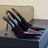 Женские сандалии на шпильке Сандалии женские модельные туфли на высоком каблуке Атласные мюли с пряжкой и драгоценными камнями на низком каблуке Сандалии-шлепанцы Лоферы с острым носком Высокий каблук 7-9 см