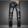 new Men Ripped Denim Trousers Fi Casual Jeans Regular Fit Straight Pants Vintage Dark Blue Color Male Plus Size L74D#