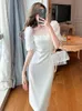 Vestidos Casuais Básicos Mulheres Verão Novo Vestido Formal Doce Celebridade Frisado Branco Longo Sheer Malha Flores Split Slim Robe Femme Prom Par Ot4ty