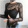 T-shirt Femme Femmes T-shirts Dentelle Transparente À Manches Longues Top T-shirts Y Dames Sheer O-Cou Tops Noir Lettre Impression Transparent Pers Dhqeb