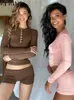 Women's Tracksuits Akaily Spring Brown Casual 2 Two Piece Sets Vacation Outfits For Women 2024 Pink Long Sleeve Button Crop Tops Short Pants