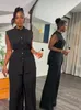 Summer Fashion Sleeveless Two Piece Set African Women Casual Button Lace Up Top Wide Leg Pants 240327
