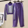 Calças femininas de duas peças estilo coreano outono roxo camisola de malha pulôver casual harun elegante conjunto rua