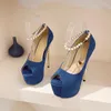 Sapatos de vestido Laranja Saltos para Mulheres Stiletto Plataforma Alta 16cm Pérola Corrente Azul Camurça Couro Senhoras Bombas Partido Tamanho 42