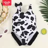 One-Pieces hibobi Baby Girl One-Piece Swimsuit Fashionable Ruffled Cute Black And White Cow Print Bow Decoration Summer Vacation Swimsuit 24327