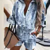 Kvinnors spårningsdräkter Fashion Buttons Stripe Shirts and Shorts Two Piece Set Women 2024 Summer Casual Leopard Print 2 Set for Tops Femme