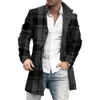 Homens Sobretudo Xadrez Single-breasted Turndown Collar Lg Mangas Slim Mid-length Jacket Brasão Bolsos Quentes Trench Coat O4aY #