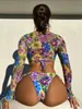 Women's Swimwear Sexy Mesh Cover Up Bikini Set Women Long Sleeve Tie Dye Floral Print Thong 3 Piece Swimsuit Beach Bathing Suit 2024