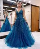 Spaghetti Long Prom Dresses Appliques Deep V-Neck Ball Gown Tulle Plus Size Lace-up Floor-Length Formal Occasion Evening Party Gown Pd06