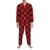 Hemkläder Valentine Hearts Pyjama Set Black and Red Sweet Sleepwear Men Long Sleeve Retro Daily Two Piece Nightwear Plus Size
