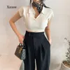 Kvinnors T-skjortor LAPEL TOPS Korean Chic Summer SimpleLim Casual All-Match Short Sweater T-shirt Women Design Girl Skinny