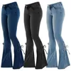 Kvinnors jeans snör upp klockbotten denim byxor mitt midja stretchy flare juniors byxa leggings