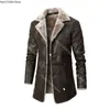 Jaqueta masculina de couro falso, jaqueta longa de couro pu, cor sólida, lã de rua, casual, retrô, moda, bolso, casaco de couro, jaqueta de inverno 240330