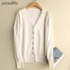 YSZWDBLX Spring Autumn Women Cardigans Single Breasted Vneck Solid stickad tröja Slim Female White Casual Ytterkläder 240311