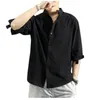 Solid Colors LG Sleeve Shirts Chinese Style Wear Stand Collar Loose 100% Cott White Black Shirt Kort ärmskjorta M-5XL X4ZC#