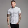 Nowe przybysze Summer Man krótkie koszulę Solid Fitn Męskie stojak kołnierz Super Slim Fit Busin Dr Shirt Butt Gym Tops R1A7#