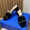 SW Spring/summer Thick Middle Heel Sandals Solid Color Sheepskin Women's Pearl Open Toe Outwear Versatile Square Head Slippers