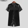 Männer T-Shirts 2024 Männer Bodys Mesh Patchwork Zipper Oansatz Transparent Kurzarm Männliche Strampler Sexy Mode Playsuits Männer Pyjamas24328