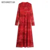 Casual Dresses KEYANKETIAN 2024 Launch Holiday Wind Retro Ink Print Women's Red Tulle MIDI Dress Slim Long Sleeve A Line Ankle-length