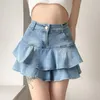 Deeptown Vintage Denim Jupe Shorts Femmes Été Coréen Fi Taille Haute A-ligne Slim Mignon Sexy Mini Jean Jupe À Volants Femme E9tP #