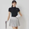 blktee Women Short Sleeve Golf T-shirt Retro Stand Collar Top Lady Anti-light Pleated Skirt Soft High-waisted Culottes Golf Sets A1pV#