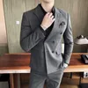 Män dubbelbröst kostymer FI Slim Formal Wedding Tuxedo Busin Casual Elegant Grid Suit Male Suit 2 Piece Blazer+Pants 74iv#