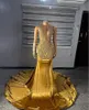 Gold Velvet Evening Dresses for Women Beading O Neck Mermaid Prom Gown Diamond Crystal Sheer Meah vestidos de novia