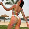 Podstawowe sukienki swobodne Y2K Rainbow Fishnet Night Sukienka Summer Hot Bodycon Seksowne erotyczne przezroczyste kobiety porno dla 2022 YQ240328