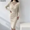 Vestidos casuais elegante vintage senhoras de malha 2024 primavera outono v pescoço manga longa coreano moda camisola bottoming midi vestido