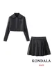 Work Dresses KONDALA Vintage Black Solid Chic Leather Women Suit Long Sleeve Short Jackets Zipper Ruffles Mini Skirt Fashion 2024 Autumn