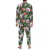 Inicio Ropa Pijamas Ropa de dormir para hombre con flores rosas y rojas, conjuntos de pijamas holgados de dos piezas con estampado de hojas de palma, traje de gran tamaño moderno de manga larga