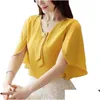 Bluzki damskie koszule damskie wiosenne letnie styl bluzki elegancka elegancka marszczyka w dekolcie stały kolor krótki rękaw