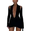 Casual Dresses Women Bodycon Dress Long Sleeve V Neck Backless Pleated Solid Slim Fit For Cocktail Party