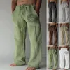 men's Summer Casual Pants Daily Wear Solid Full Length Soft Linen Pants Mid Waist Pocket Drawstring Trousers Streetwear Bottom G2LL#