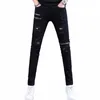 Fi style coréen noir skinny jeans fermeture éclair au genou luxe hommes streetwear slim jeans avec trous tenue décontractée moto jeans w8pB #
